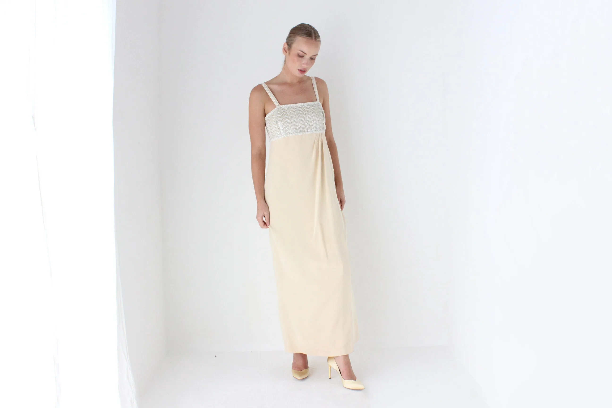 1980s ESCADA COUTURE Beaded Empire Waist Column Gown