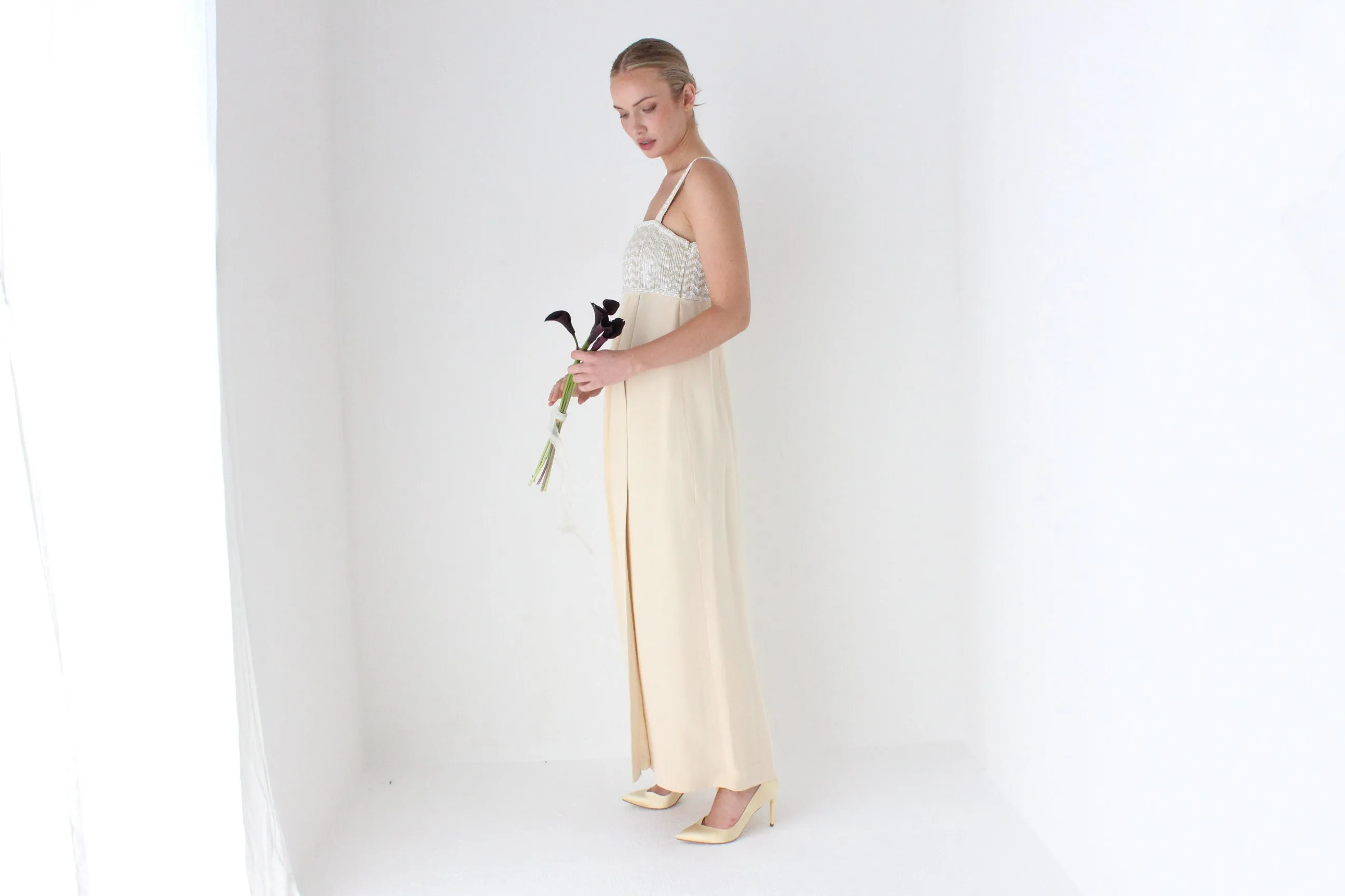 1980s ESCADA COUTURE Beaded Empire Waist Column Gown