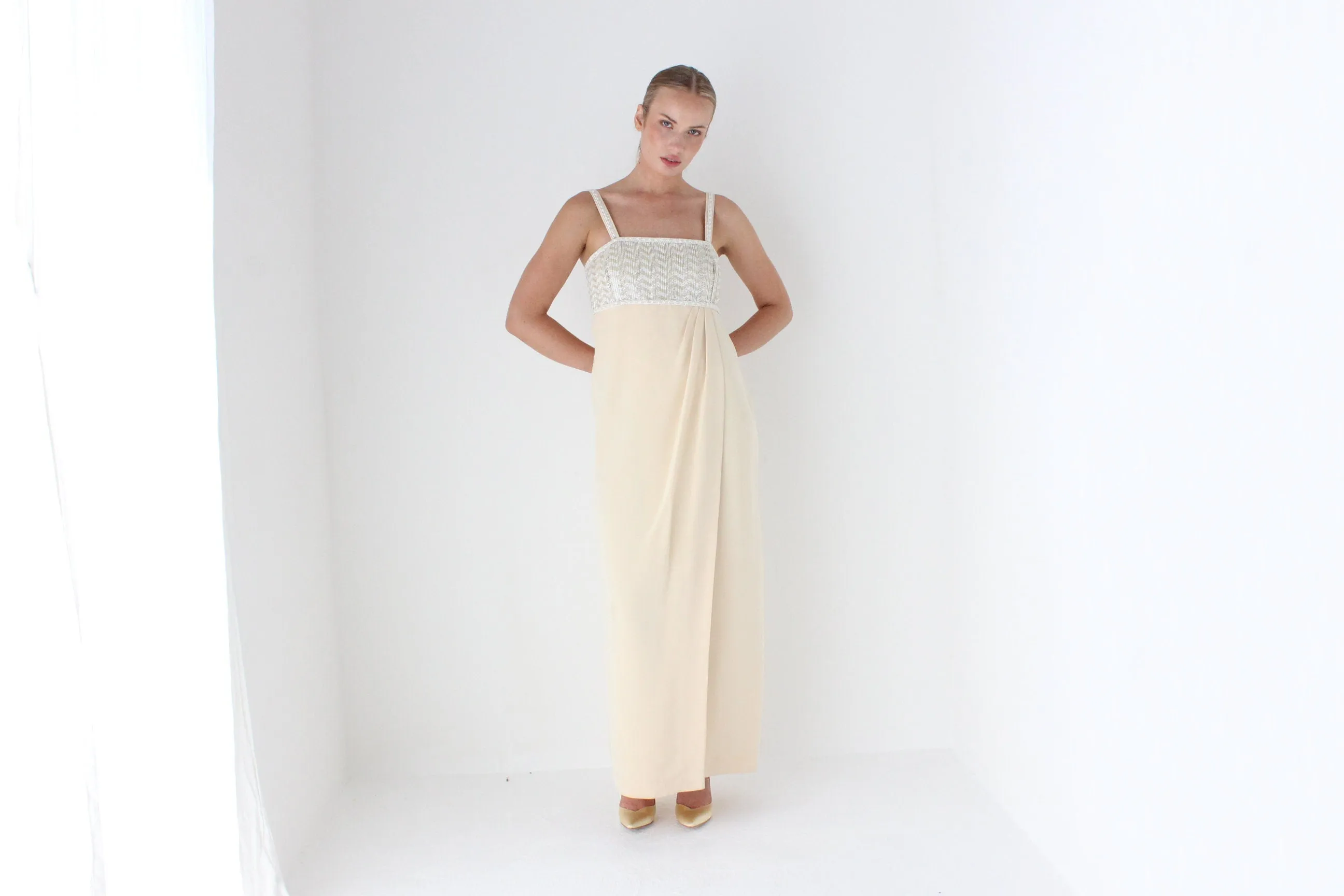 1980s ESCADA COUTURE Beaded Empire Waist Column Gown