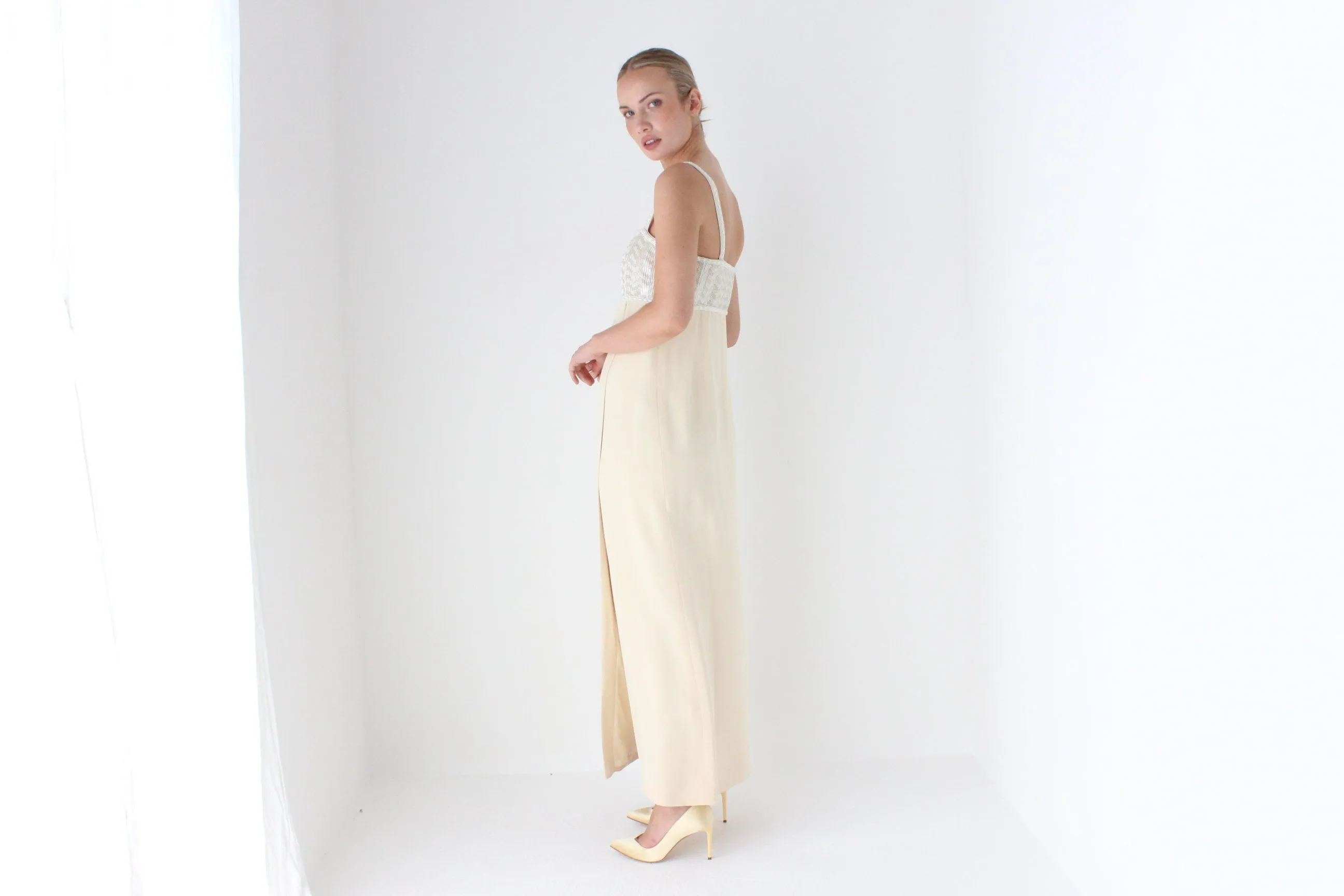 1980s ESCADA COUTURE Beaded Empire Waist Column Gown