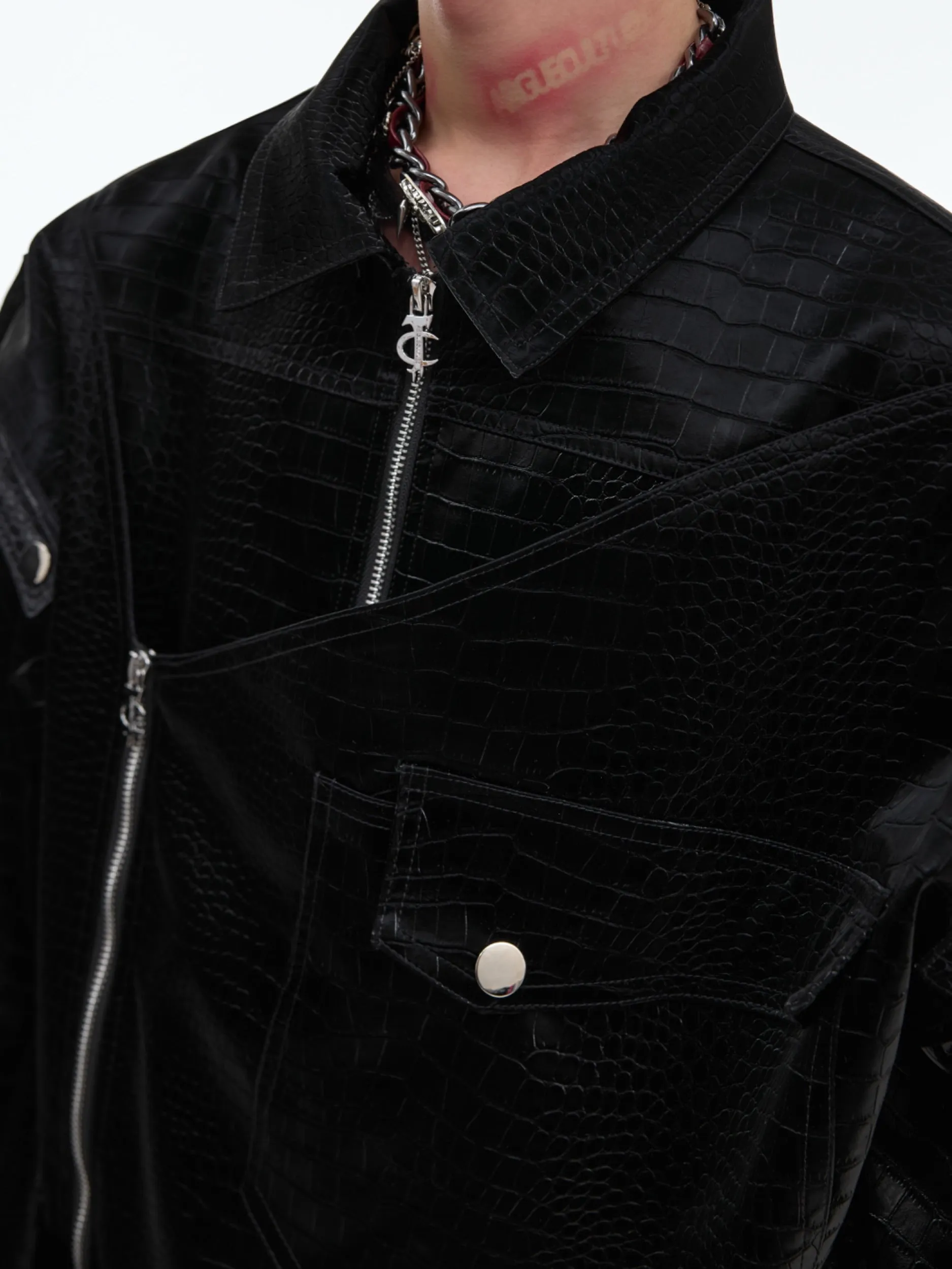 【24s Sep.】Shiny Croc-Print PU Leather Jacket