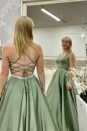 A Line Backless Green Satin Long Prom Dress, Backless Green Formal Graduation Evening Dress A1311