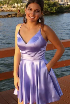 A Line V Neck Open Back Short Purple Prom Homecoming Dress, V Neck Purple Short Formal Graduation Evening Dress A1285