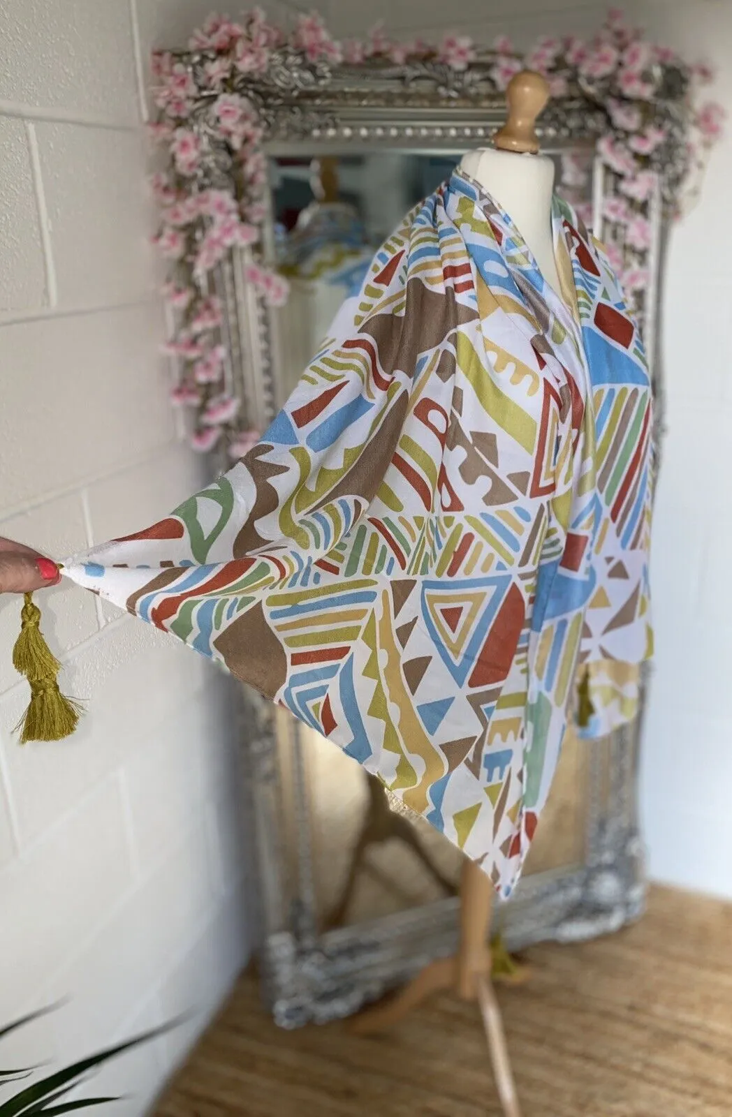 Abstract Scarf - Olive Tassels