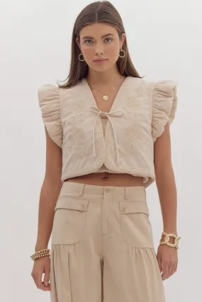 Ana Embroidered Cropped Vest Ruffled Sleeves - Ecru
