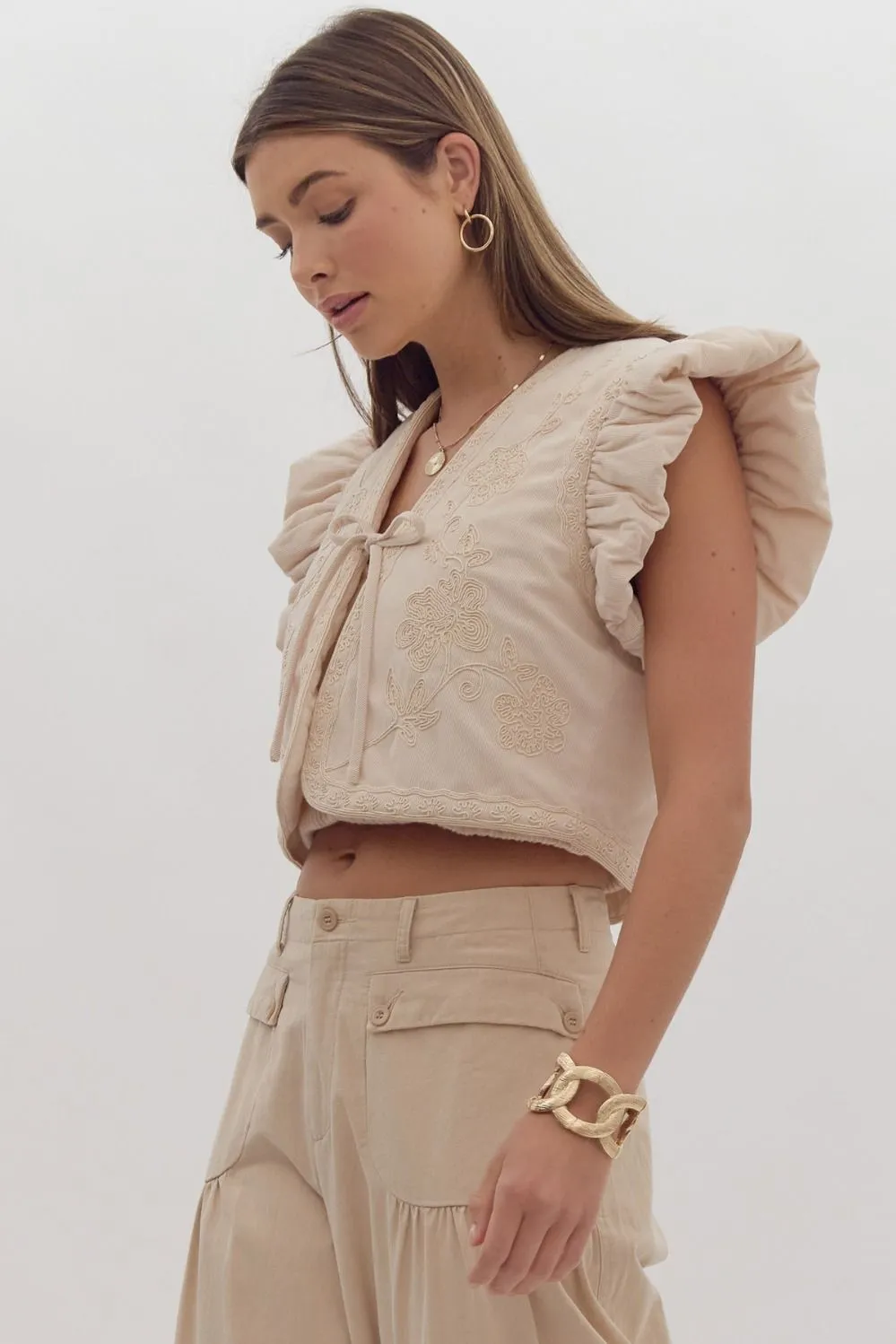 Ana Embroidered Cropped Vest Ruffled Sleeves - Ecru