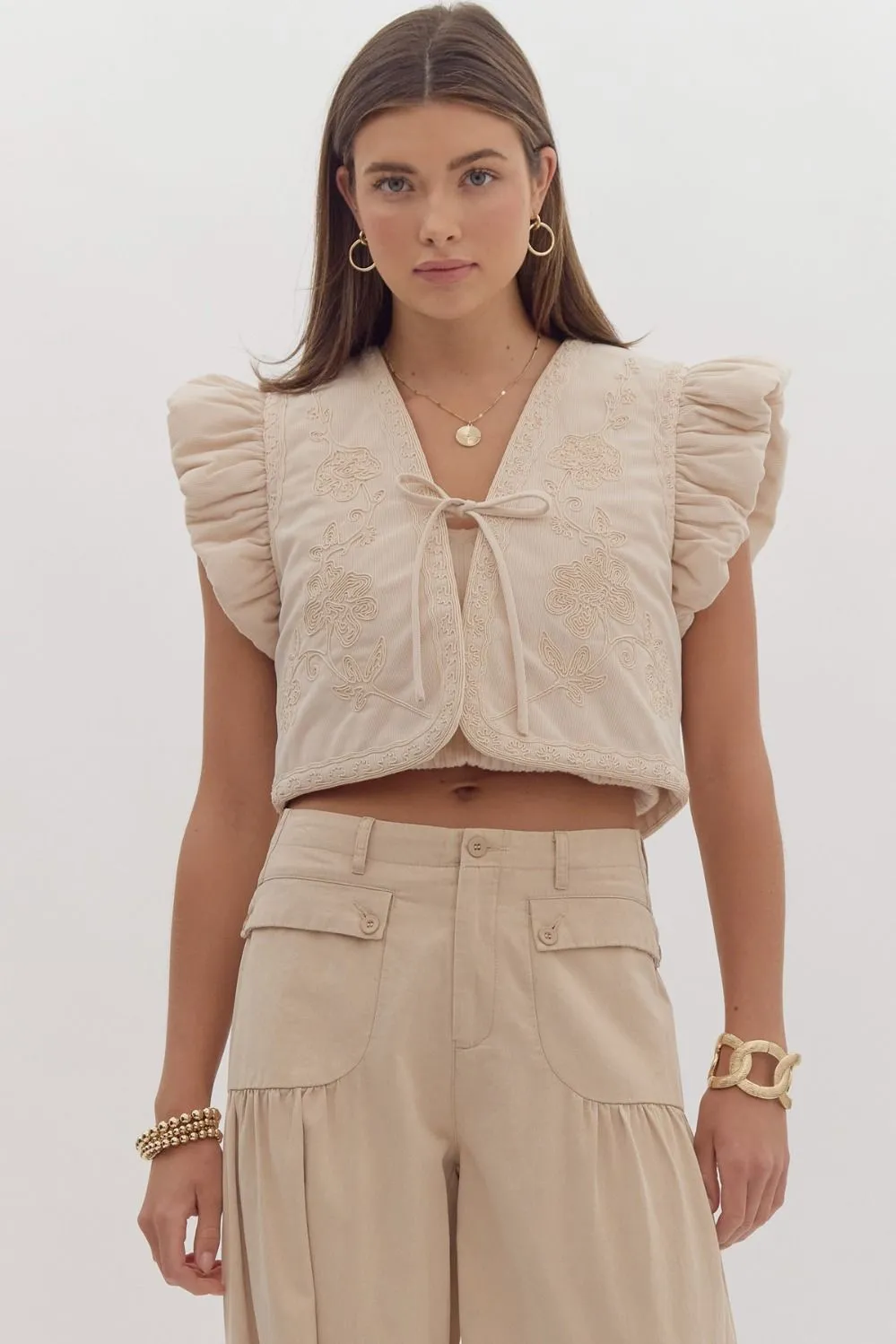 Ana Embroidered Cropped Vest Ruffled Sleeves - Ecru