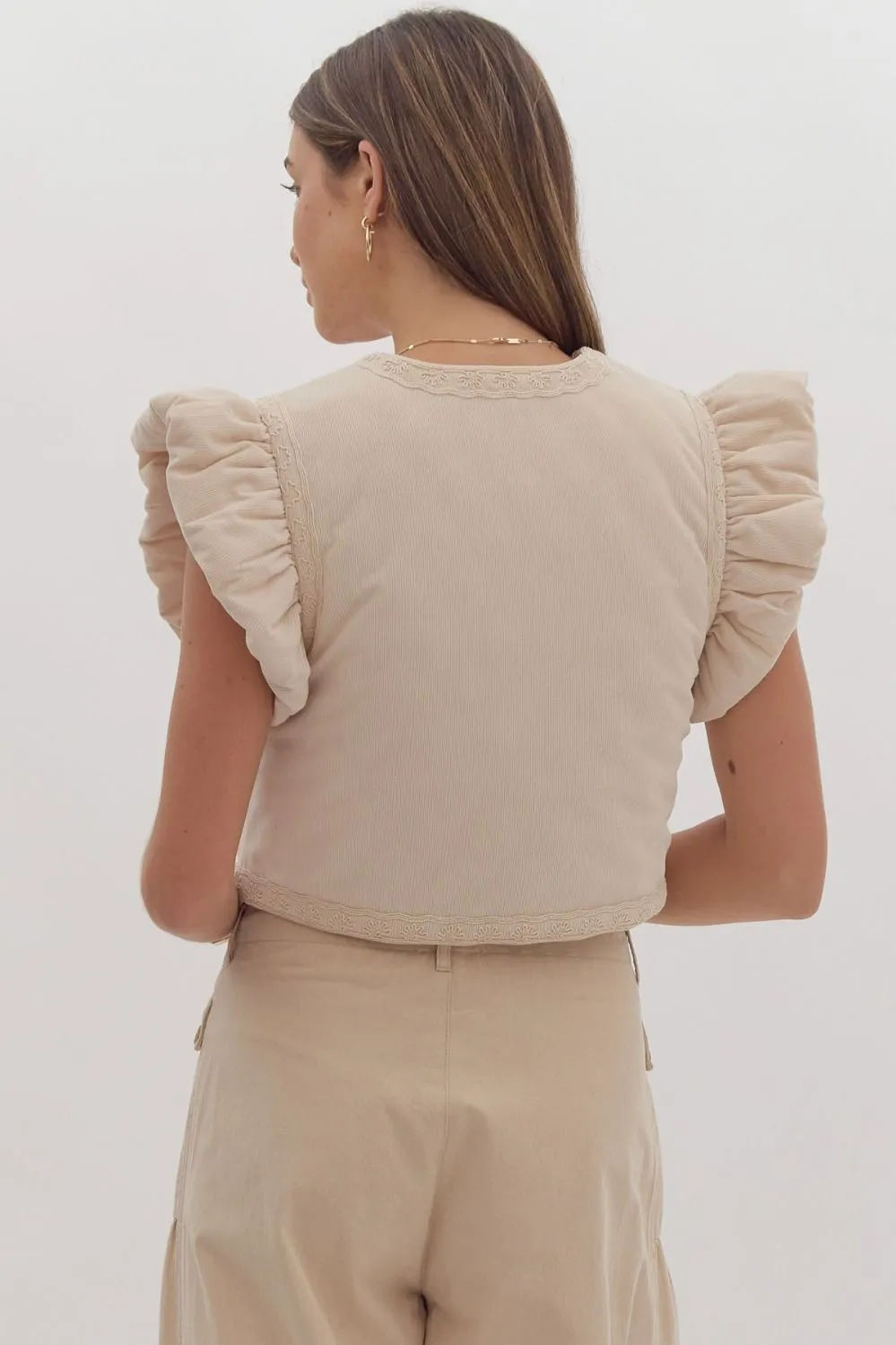 Ana Embroidered Cropped Vest Ruffled Sleeves - Ecru