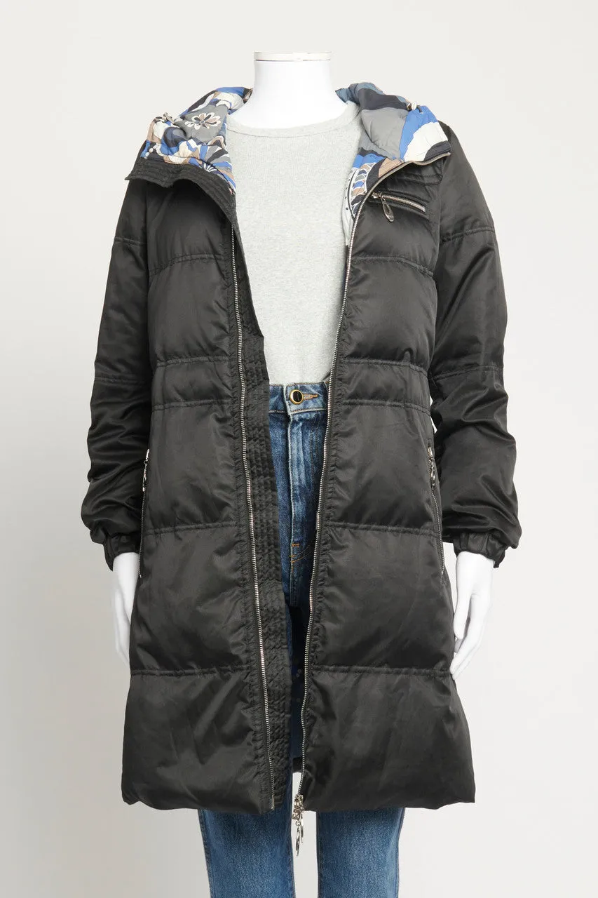 Black Longline Preowned Bomber Jacket With Printed Lining