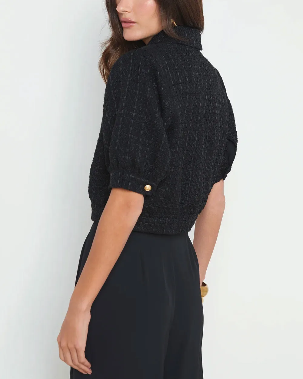 Black Tweed Short Sleeve Cove Crop Jacket