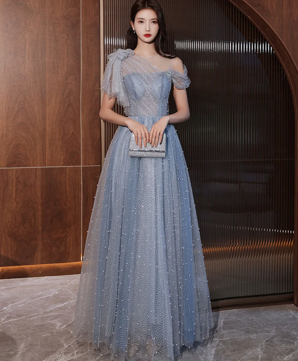 Blue One Shoulder Tulle Long Prom Dress Blue Tulle Formal Dress