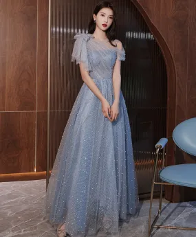 Blue One Shoulder Tulle Long Prom Dress Blue Tulle Formal Dress