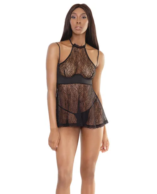 Bold Halter Style Babydoll W-removable Straps & Underwire Cups Black Md