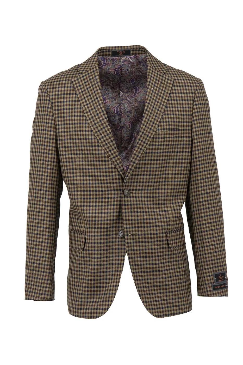 Camel with Navy Check Dolcetto Modern Fit, Pure Wool Jacket by Tiglio Luxe