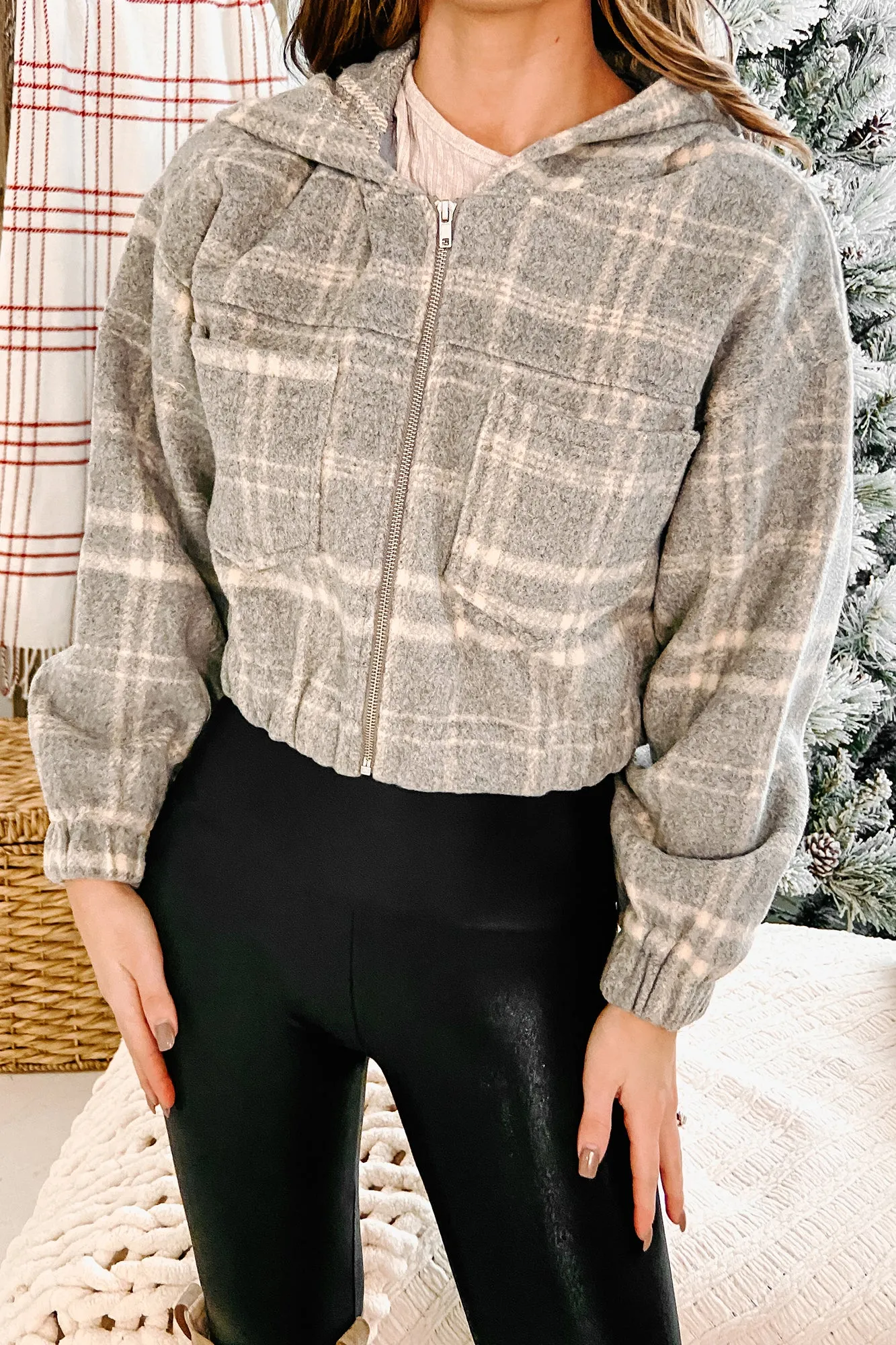 Campus Visits Hooded Plaid Jacket (Grey/Taupe Plaid)