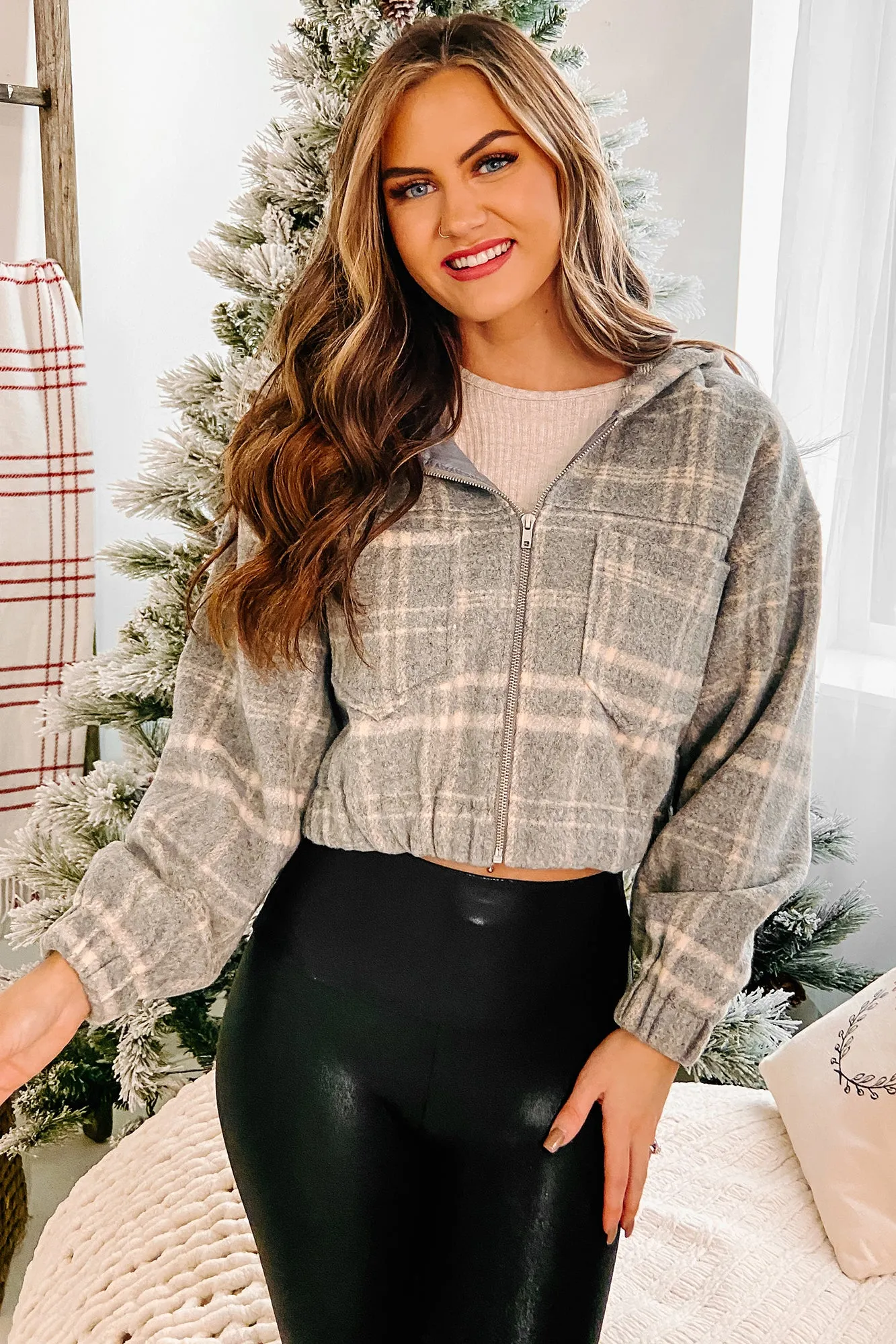 Campus Visits Hooded Plaid Jacket (Grey/Taupe Plaid)