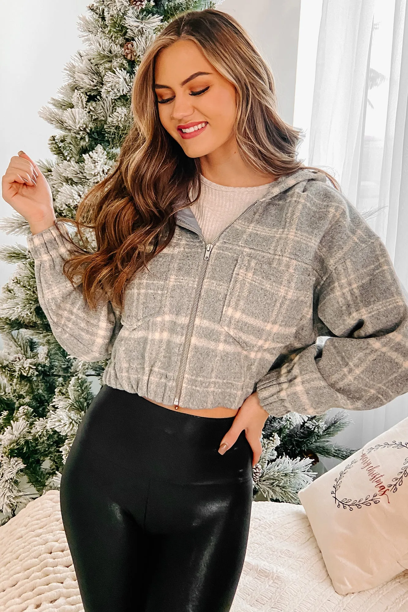 Campus Visits Hooded Plaid Jacket (Grey/Taupe Plaid)