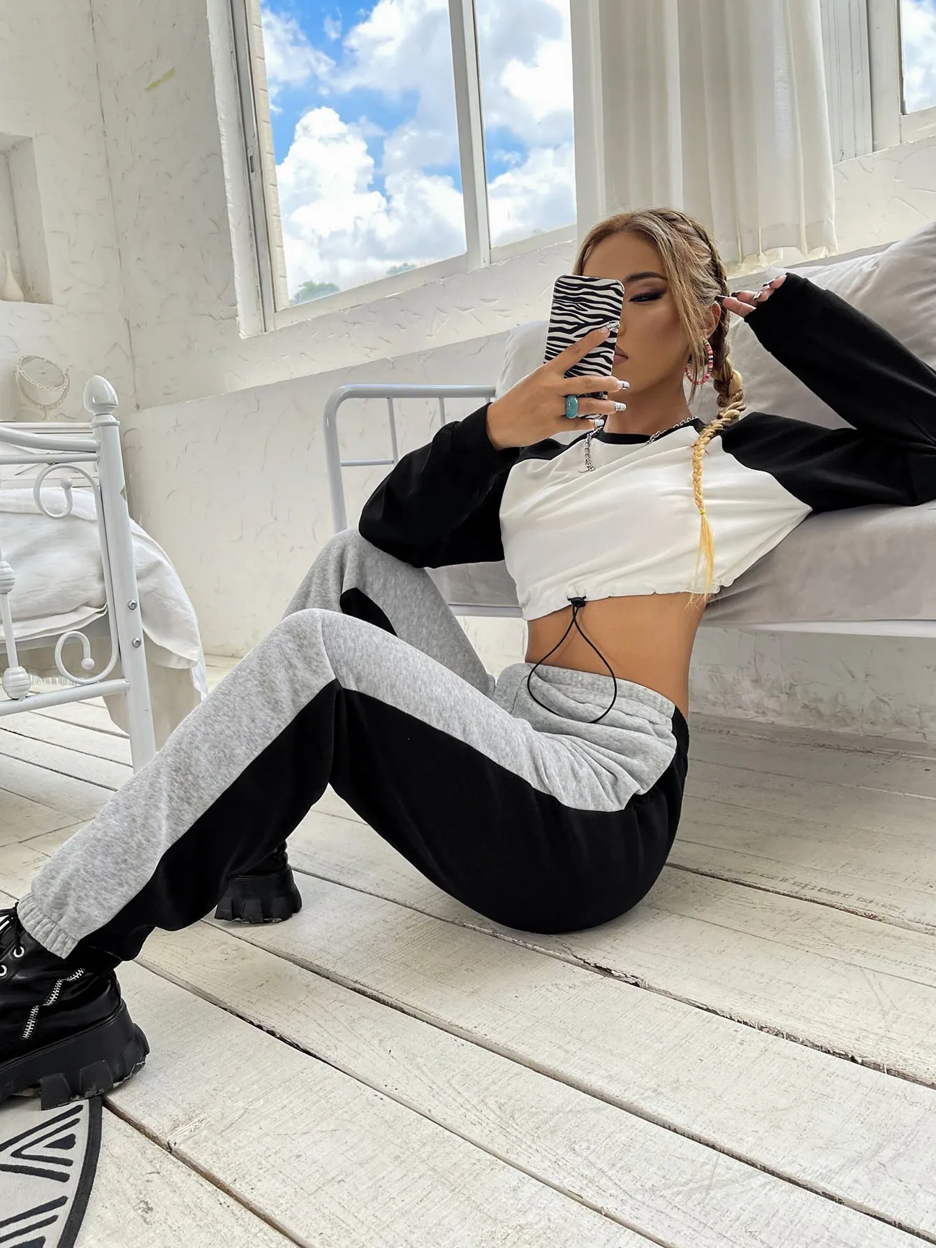 Colorblock High Waist Long Women Sweatpants