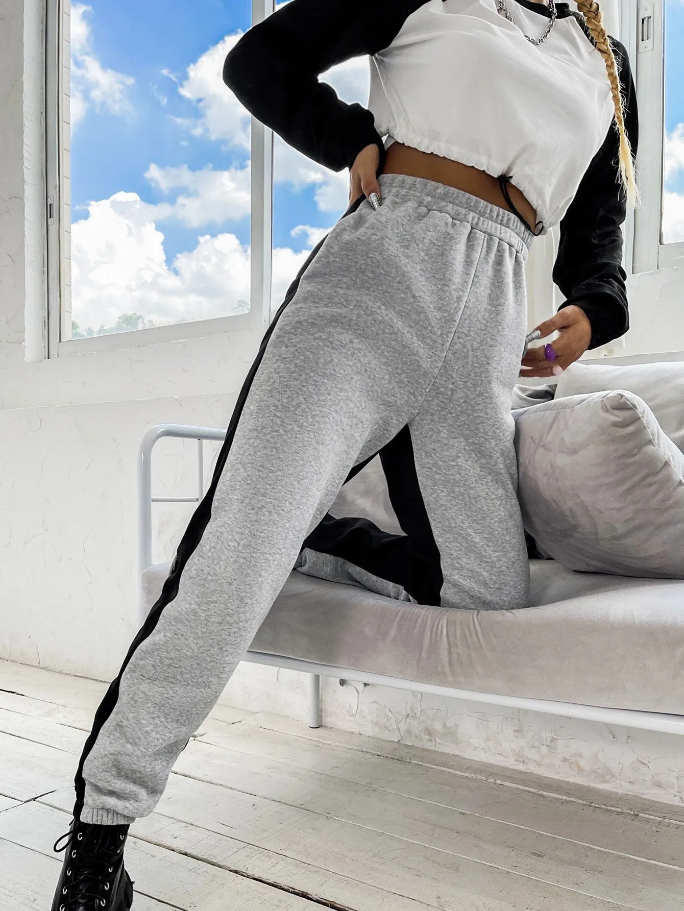 Colorblock High Waist Long Women Sweatpants