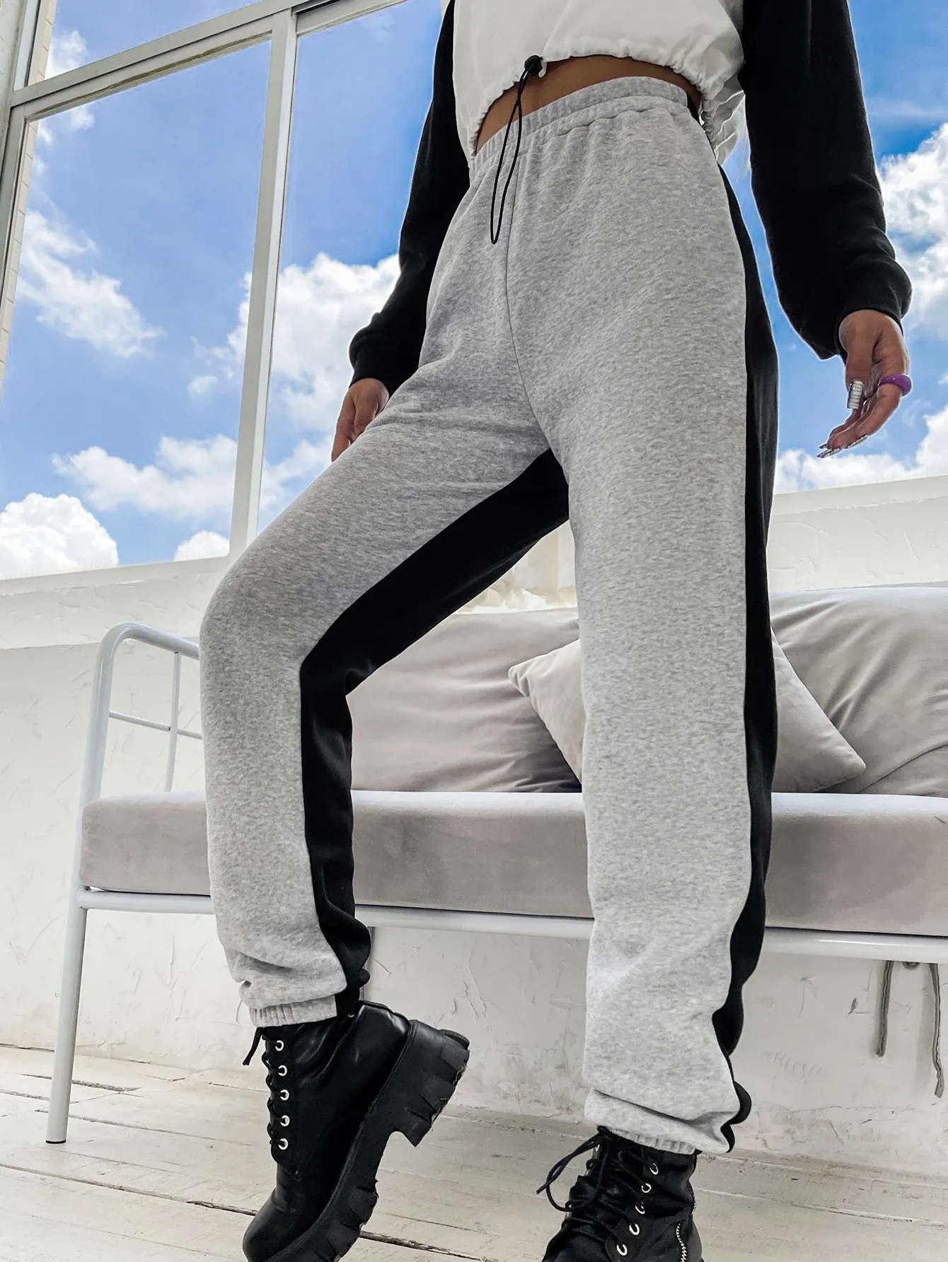 Colorblock High Waist Long Women Sweatpants