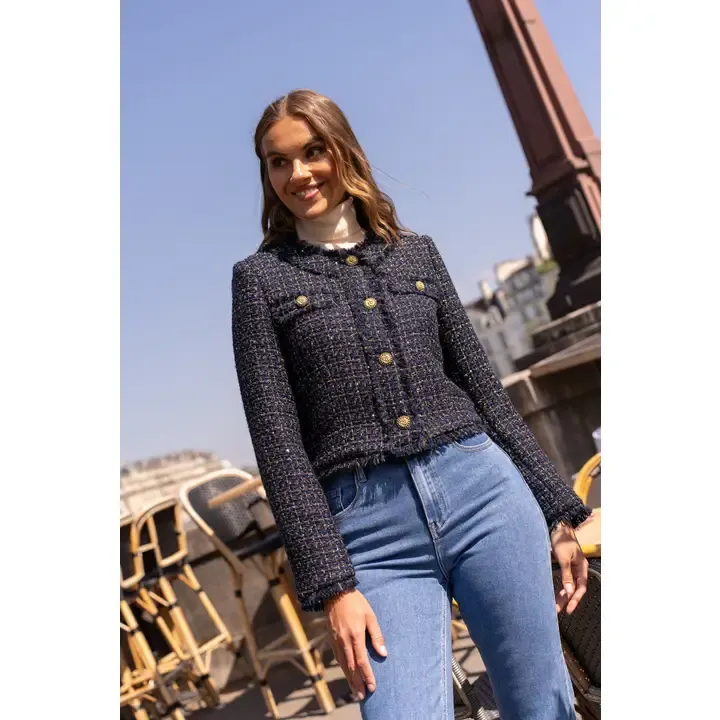Cropped Crew Neck Fitted Tweed Blazer Jacket