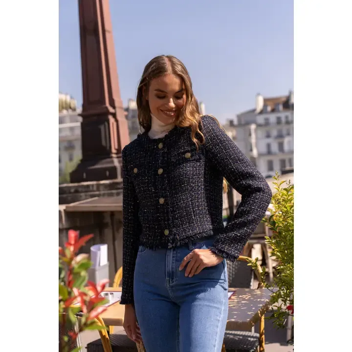 Cropped Crew Neck Fitted Tweed Blazer Jacket