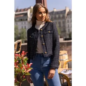 Cropped Crew Neck Fitted Tweed Blazer Jacket