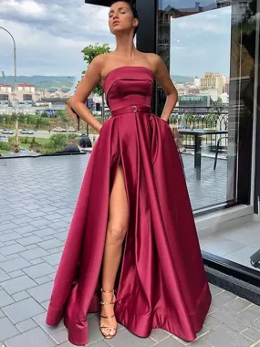 Custom Made A Line Burgundy Satin Long Prom with High Slit, Burgundy High Slit Long Formal Evening, Burgundy Graduation