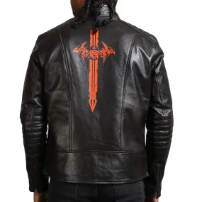 Dark Brown Sword Biker Jacket with Red Sword Design