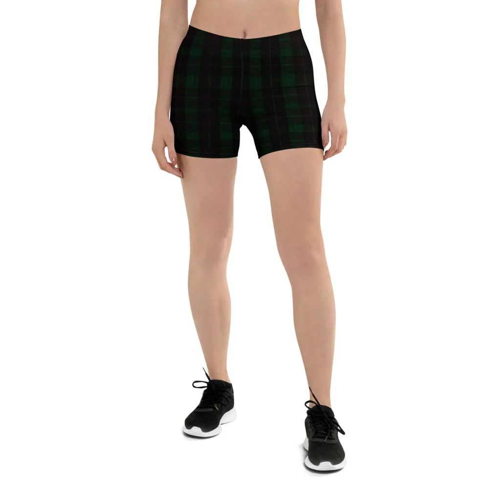 Dark Green Plaid Print Shorts, Women's Tartan Printed Yoga Short Tights - Made in USA/EU