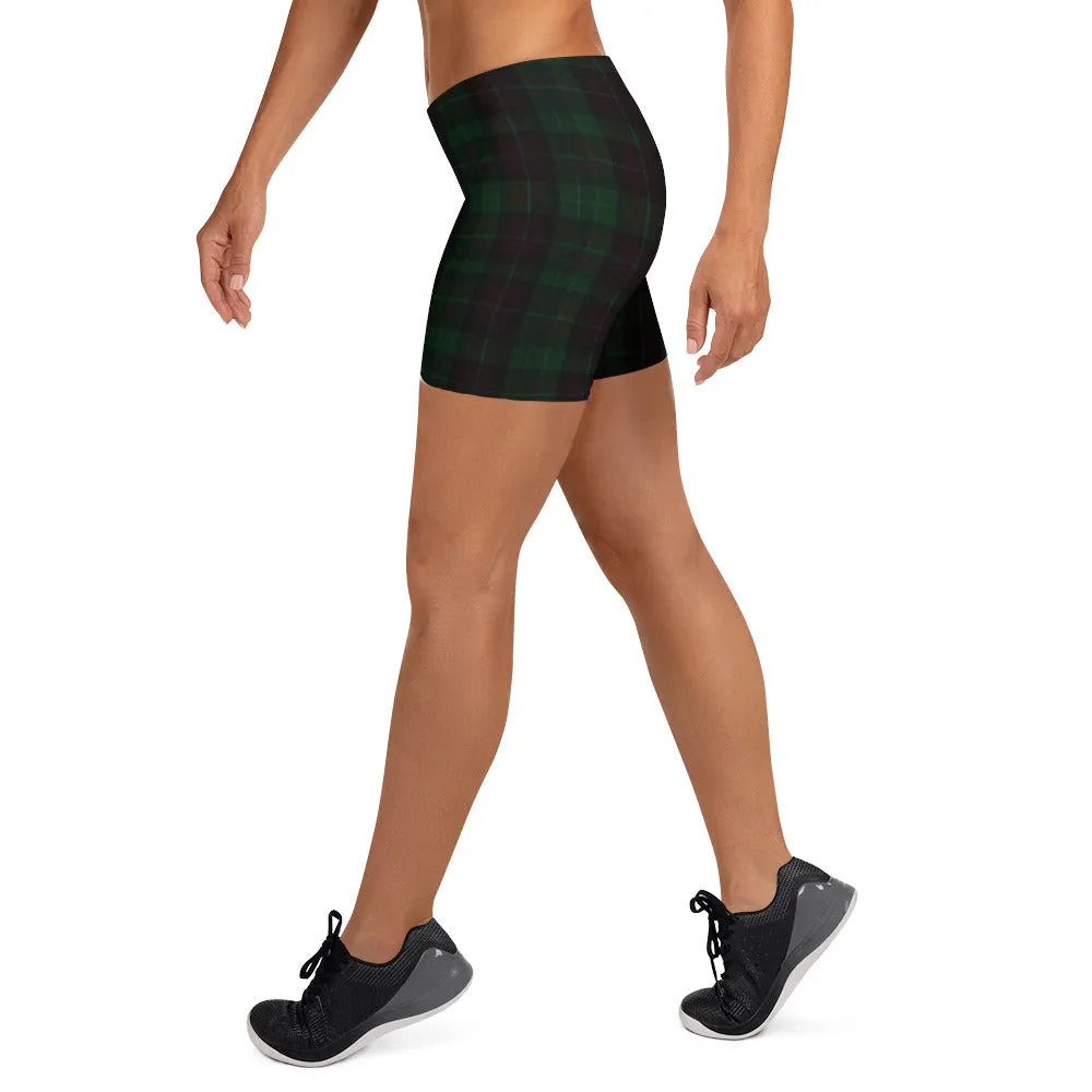 Dark Green Plaid Print Shorts, Women's Tartan Printed Yoga Short Tights - Made in USA/EU