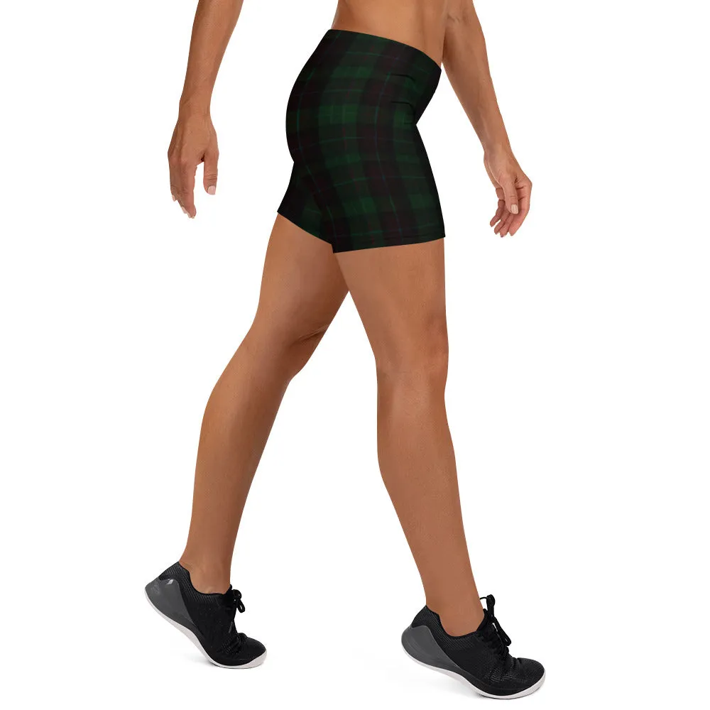 Dark Green Plaid Print Shorts, Women's Tartan Printed Yoga Short Tights - Made in USA/EU