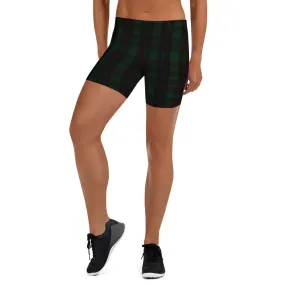 Dark Green Plaid Print Shorts, Women's Tartan Printed Yoga Short Tights - Made in USA/EU