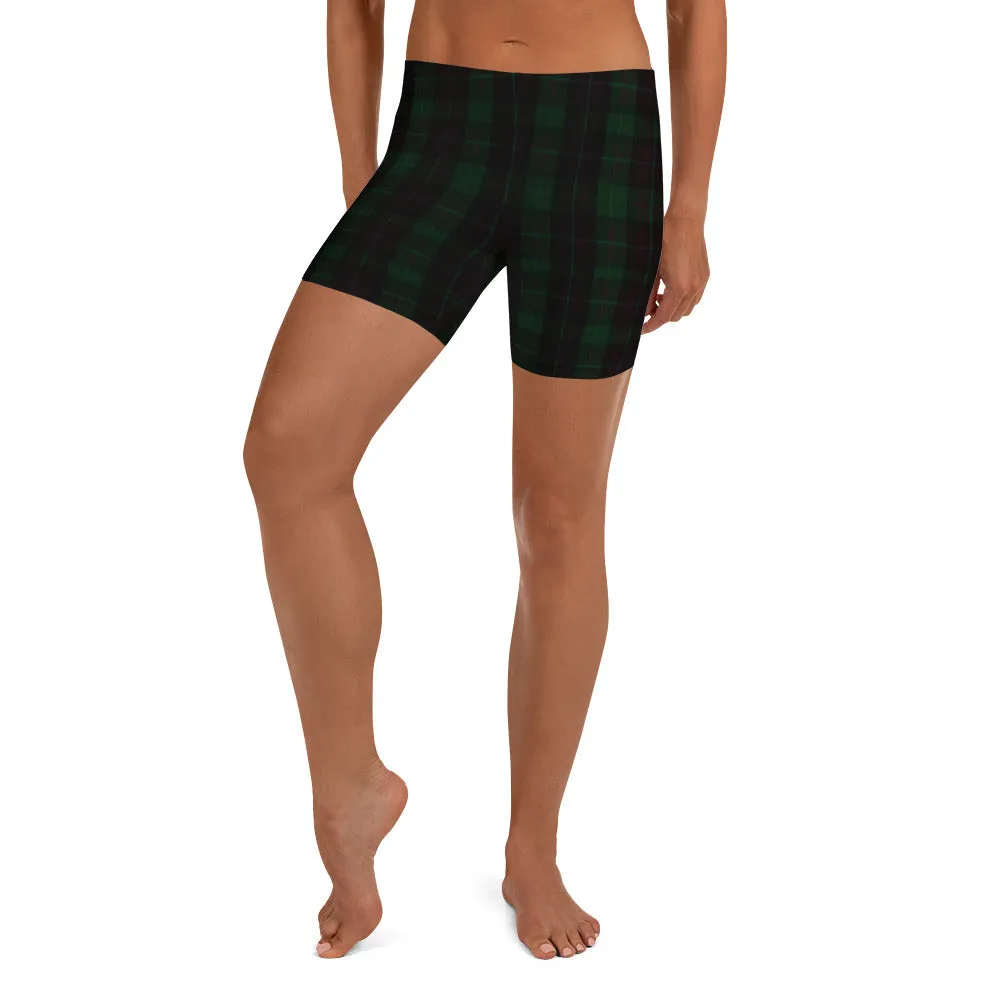 Dark Green Plaid Print Shorts, Women's Tartan Printed Yoga Short Tights - Made in USA/EU