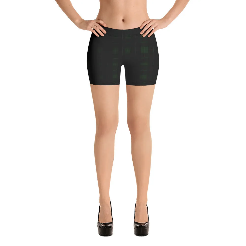 Dark Green Plaid Print Shorts, Women's Tartan Printed Yoga Short Tights - Made in USA/EU