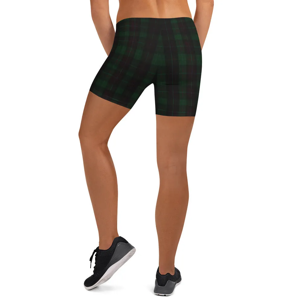 Dark Green Plaid Print Shorts, Women's Tartan Printed Yoga Short Tights - Made in USA/EU