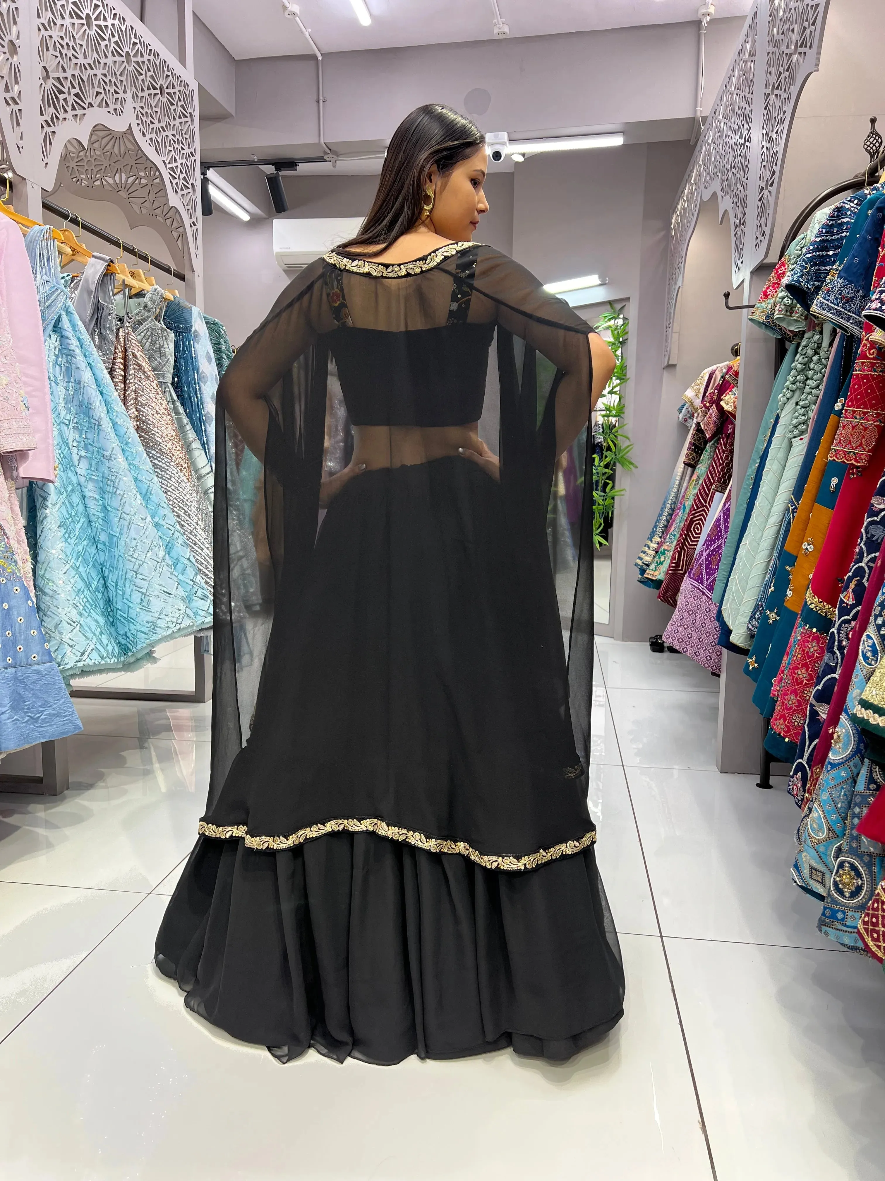 Elegant Black Heavy Georgette Pleated Jacket Lehenga Choli