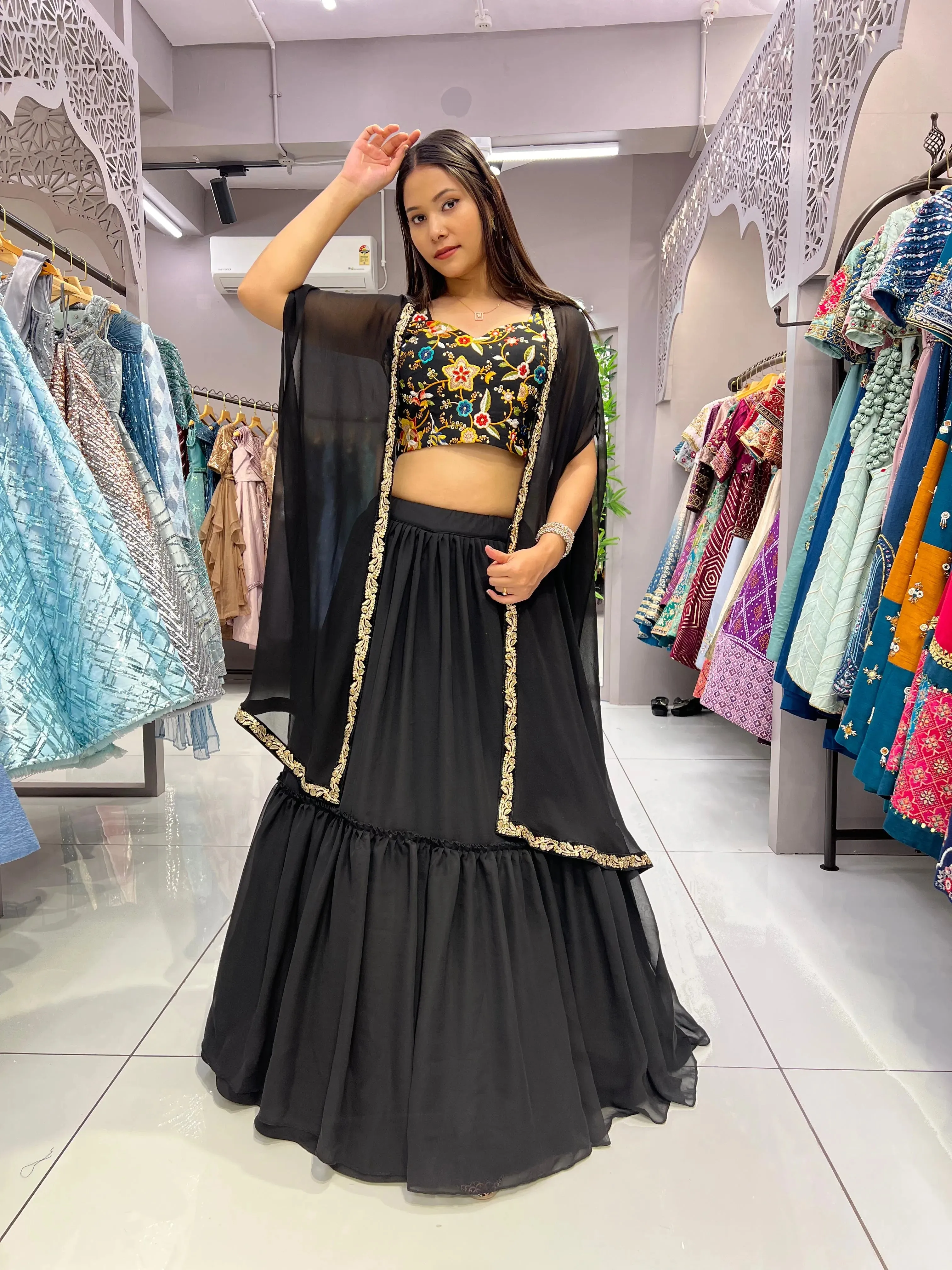 Elegant Black Heavy Georgette Pleated Jacket Lehenga Choli