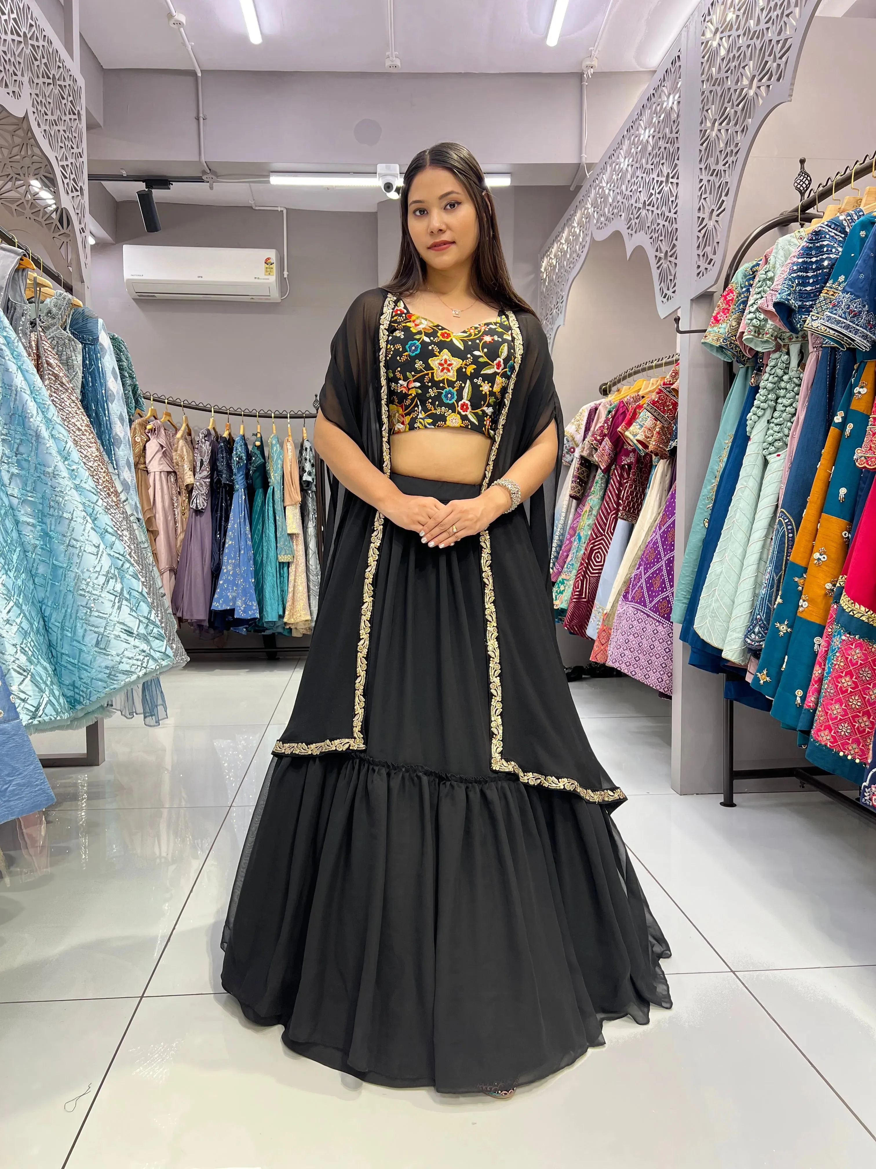 Elegant Black Heavy Georgette Pleated Jacket Lehenga Choli