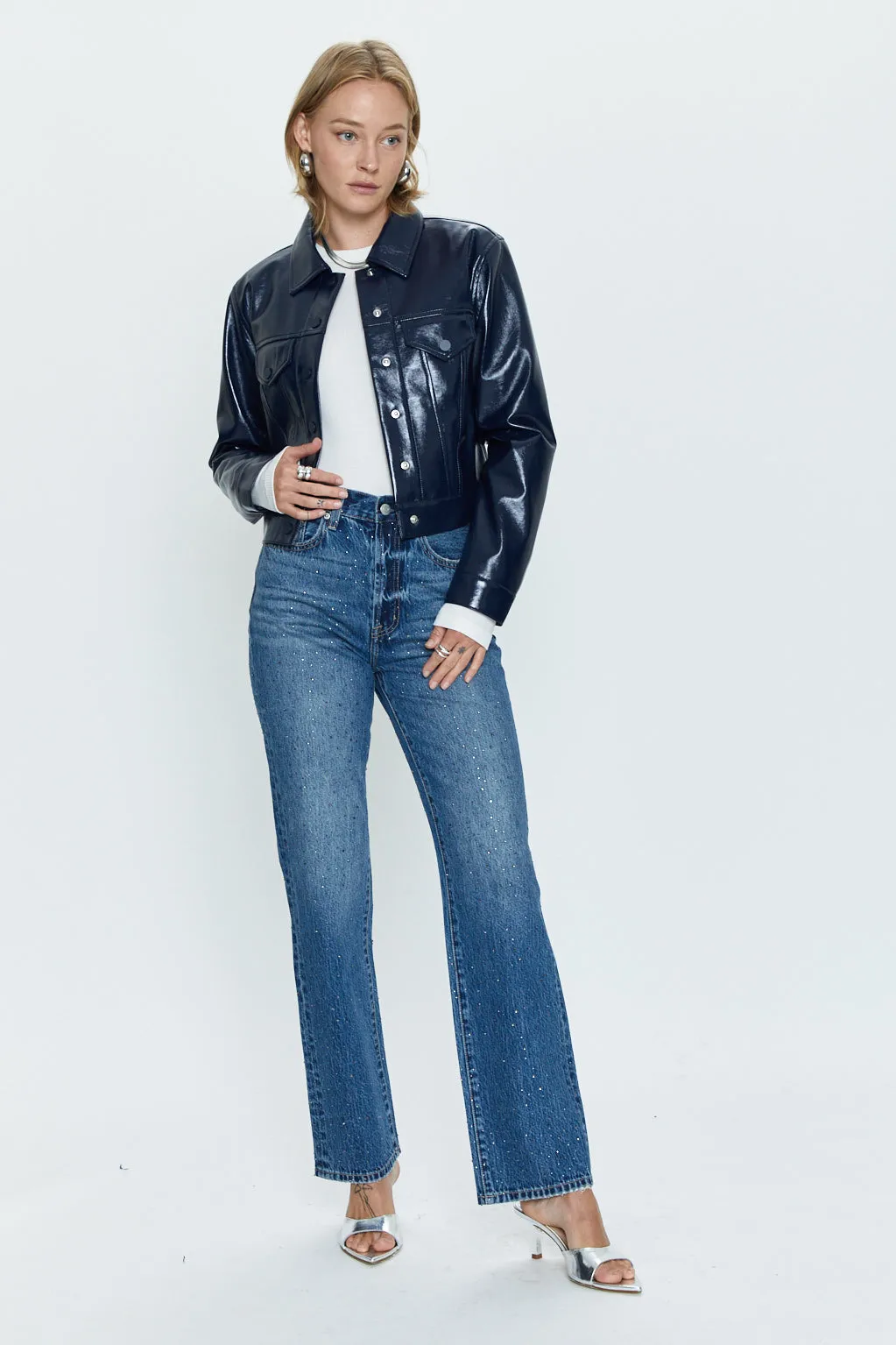 Emery Cropped Vinyl Trucker - Navy Vinyl