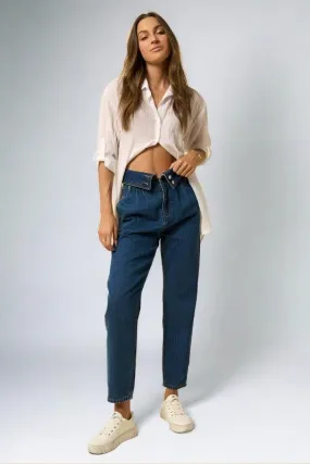 High Rise Flap Waist Relaxed  Cropped Jeans