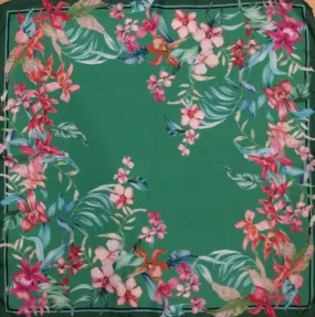 Italian Silk Scarf – Small Green Como Silk Scarf, Red & Pink Accents, Made in Italy, 19.5" Square with Rolled Edges