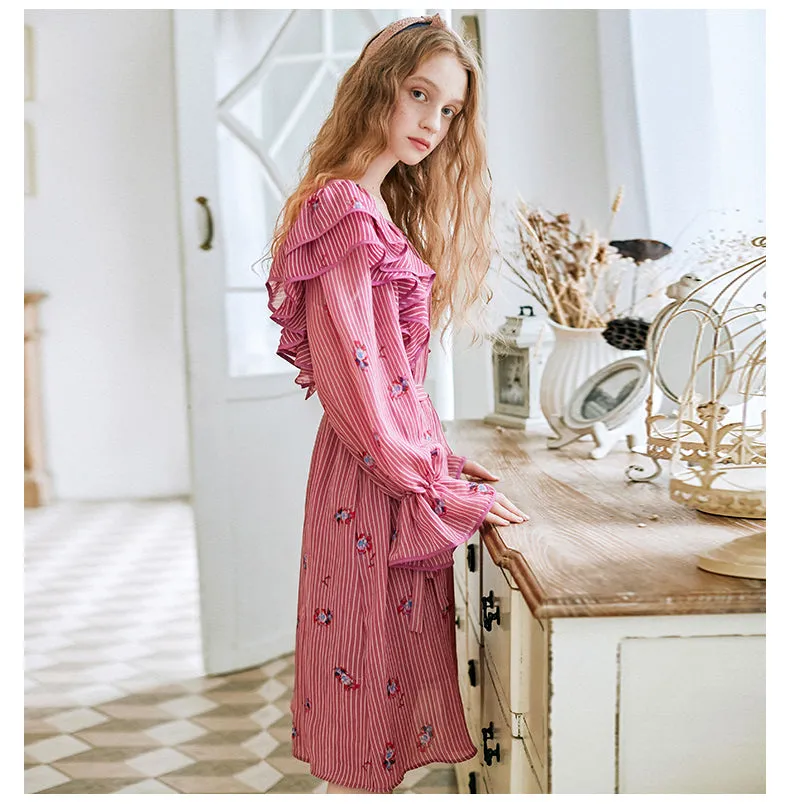 JAM PRINCESS FRILL DETAIL MIDI DRESS WITH FLORAL EMBROIDERY