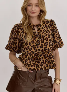 Leopard Bubble Sleeve Top  in Camel by Entro