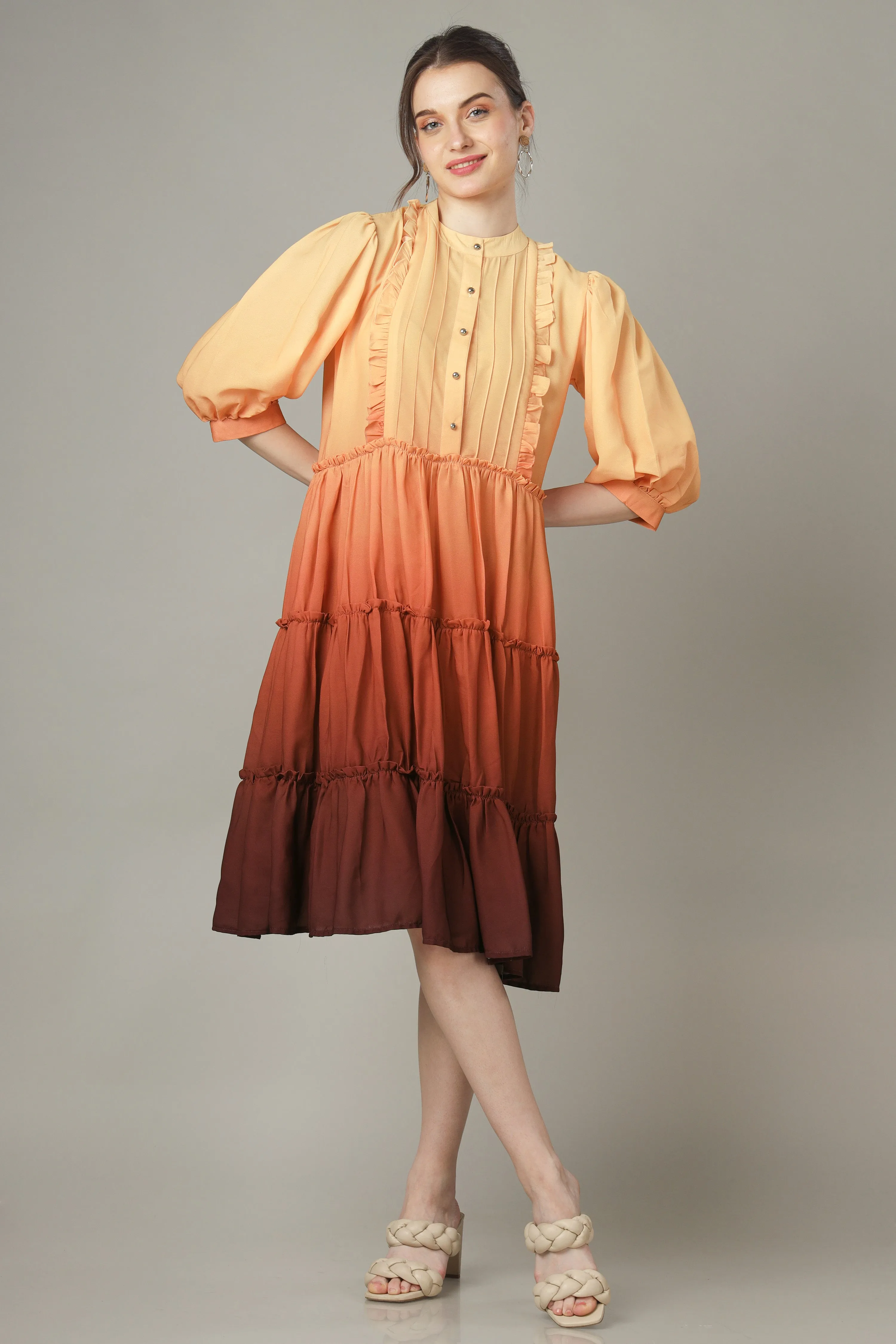 Light Orange Floral Button Down Tiered Shirt Dress