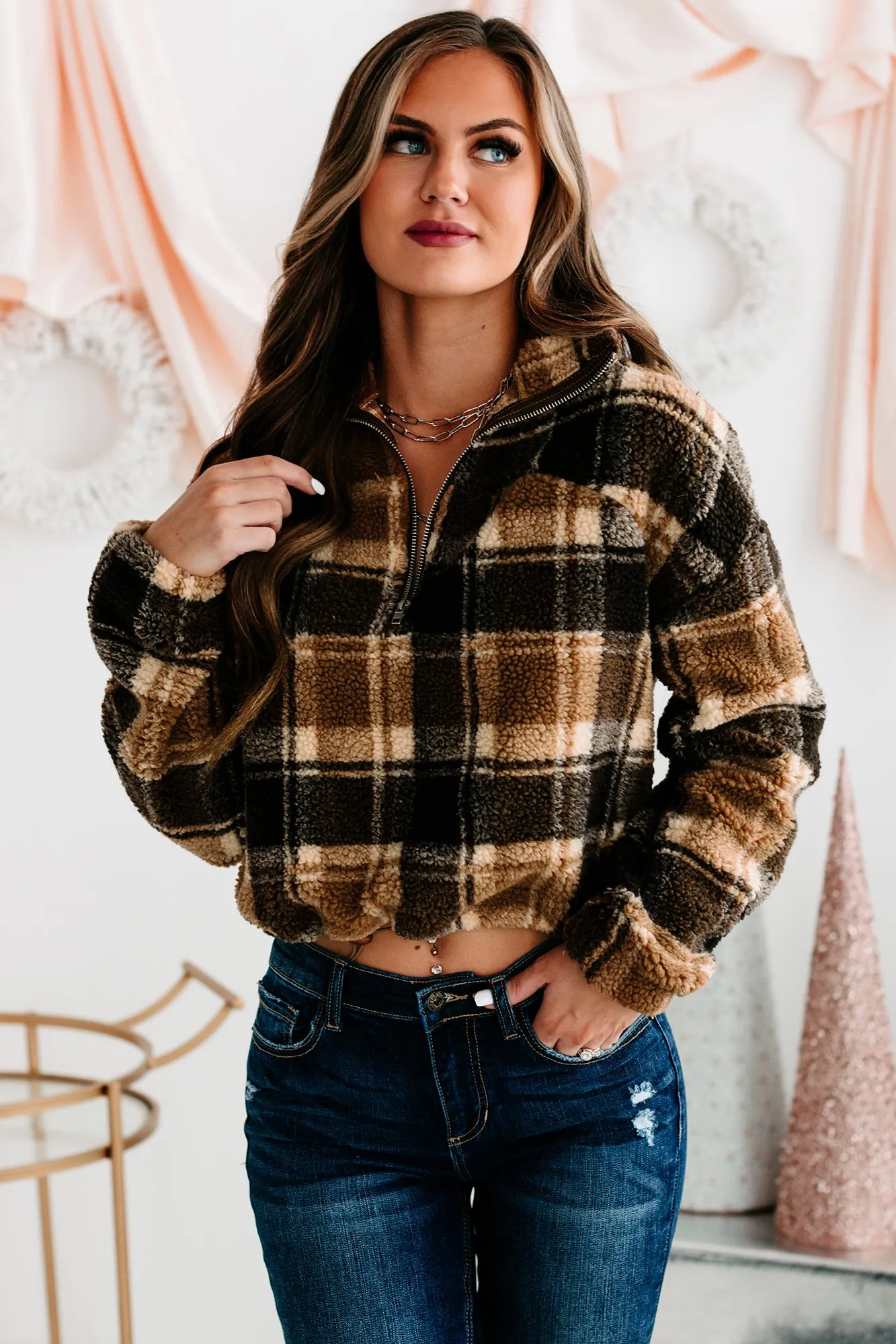 Live Your Truth Plaid Quarter-Zip Pullover (Brown)