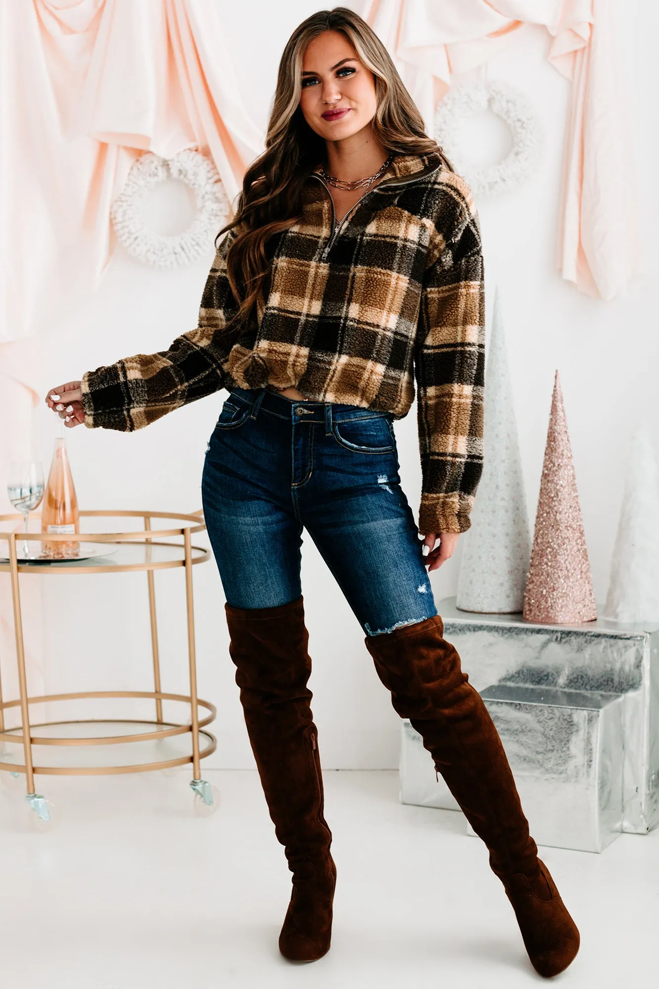 Live Your Truth Plaid Quarter-Zip Pullover (Brown)