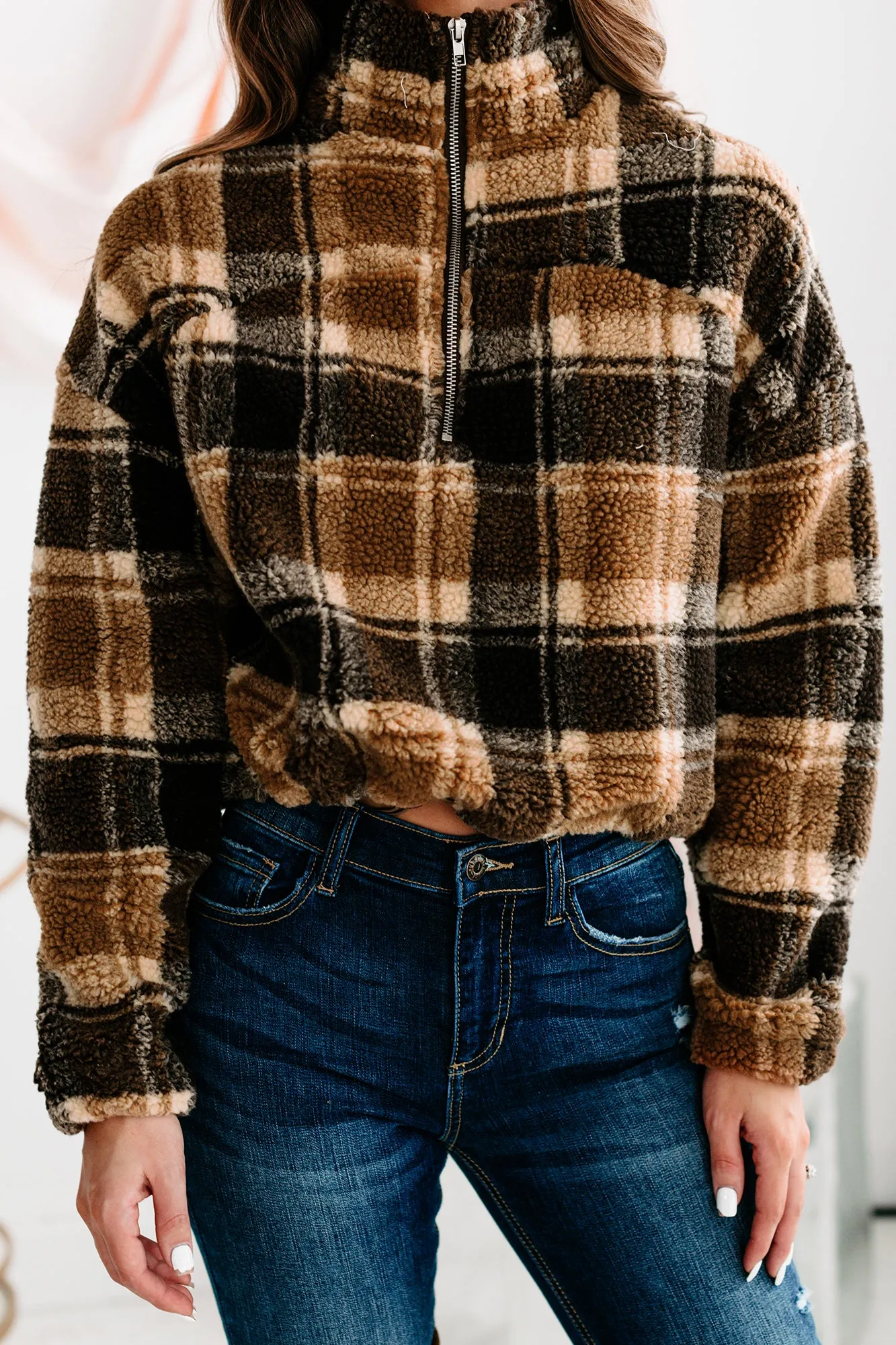 Live Your Truth Plaid Quarter-Zip Pullover (Brown)