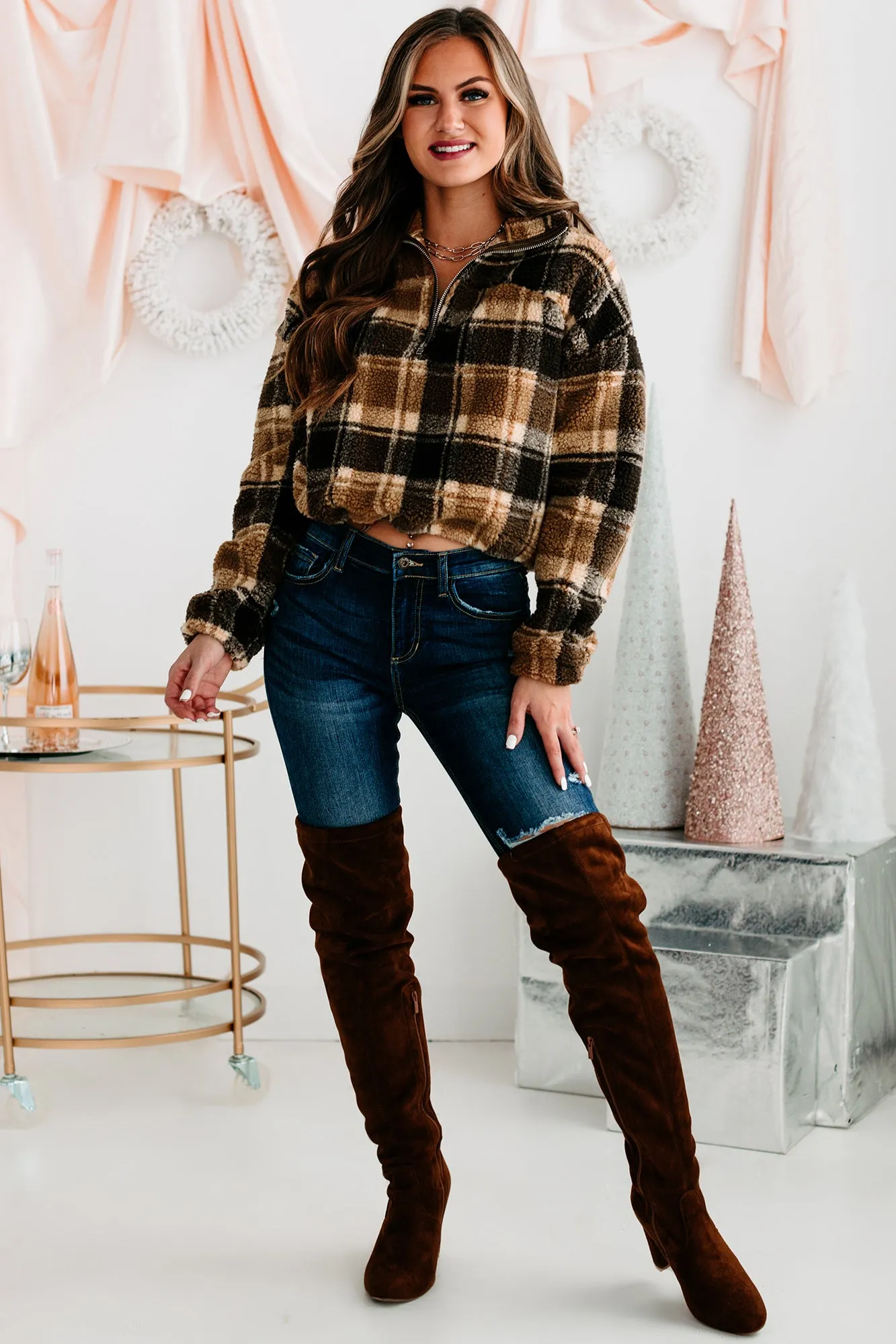 Live Your Truth Plaid Quarter-Zip Pullover (Brown)