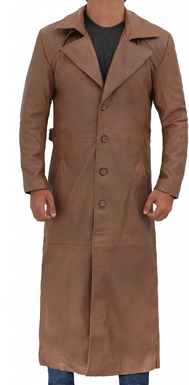 Mens Brown Full Real Leather Trench Over Coat